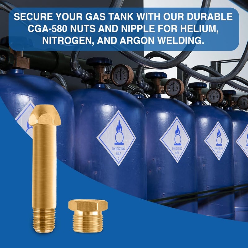 Kolibrox CGA-580 Nut & 3" Nipple - Regulator Inlet Bottle Fitting for Helium Argon Nitrogen - Brass Construction Threaded Design - Perfect for Gas Cylinders & Welding | 3"x1/4 NPT - Image 5